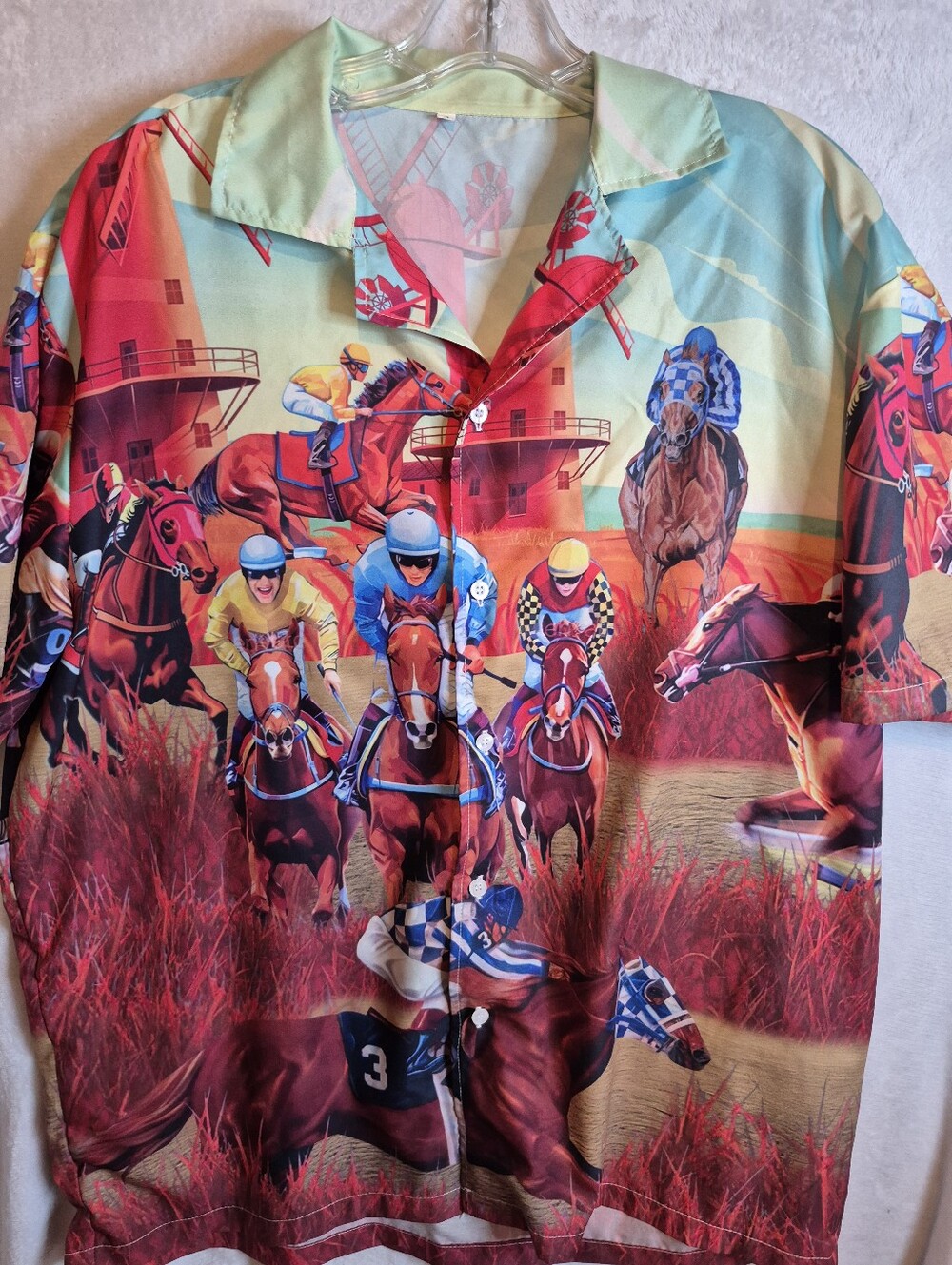 Horse Racing & Jockeys All Over Graphic Button Front Casual Shirt XL